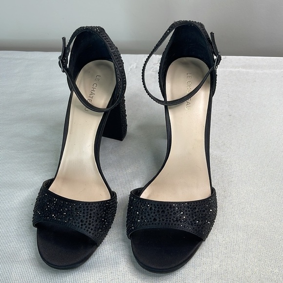 Le Chateau Jewel Studded Elegant Black Heels Open Toe Ankle Strap 39 EU - Picture 7 of 13